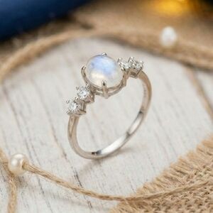 Moonstone Minimalist Ring S925 Sterling Silver Genuine Gemstone CZ Stones